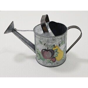 Vintage Galvanized Metal Watering Can Hand Painted Fruit Decor Rustic Farmhouse